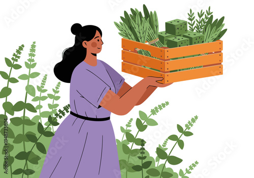A woman harvests aromatic herbs in a rustic crate, showcasing a vibrant, natural scene.  Ideal for lifestyle and wellness content.