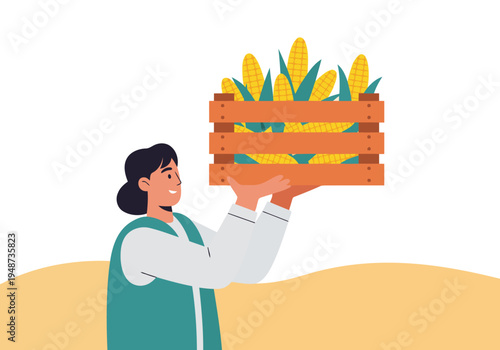 A smiling woman harvests corn in a rustic crate, showcasing a bountiful harvest. Warm tones and a rural setting evoke a sense of abundance and agricultural life.