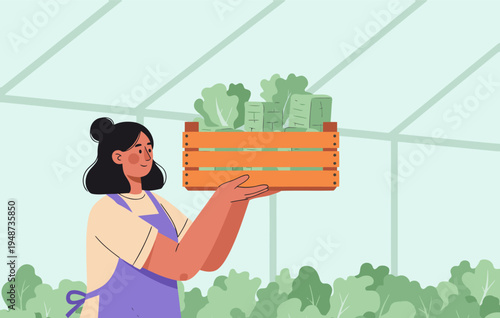 A woman harvests fresh lettuce in a greenhouse, presenting a crate of vibrant greens. Bright, healthy, and appealing for commercial use.