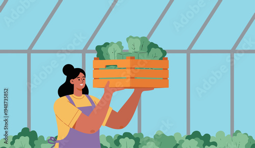 A woman harvests fresh lettuce in a greenhouse. She smiles, carrying a wooden crate of produce. Vibrant greens and a bright setting create a healthy, appealing image.