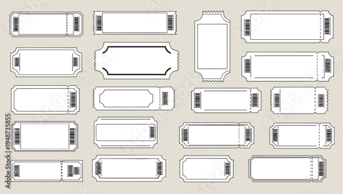Collection of vintage blank ticket stubs with various shapes and barcodes for cinema, concerts, events, and travel designs.