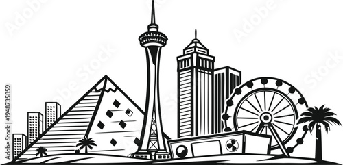 Las Vegas Urban Skyline Outline with Iconic Landmarks