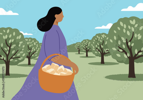A woman harvests fruit in a garden, carrying a basket. A serene, rural scene with lush trees and a soft color palette. Ideal for lifestyle and nature themes.