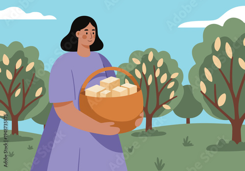 A woman harvests fruit in a garden, carrying a basket. A serene, rural scene with lush trees and a warm color palette. Ideal for lifestyle and nature themes.
