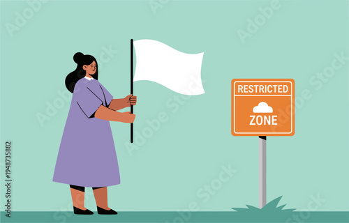 A woman holds a peace flag in a restricted zone, symbolizing protest and activism. A clear, modern illustration with a muted color palette.