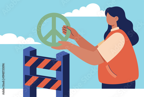 A woman holds a peace symbol near a barrier, symbolizing a safe zone.  Illustration style, calm and hopeful. Suitable for peace, conflict resolution, and humanitarian themes.