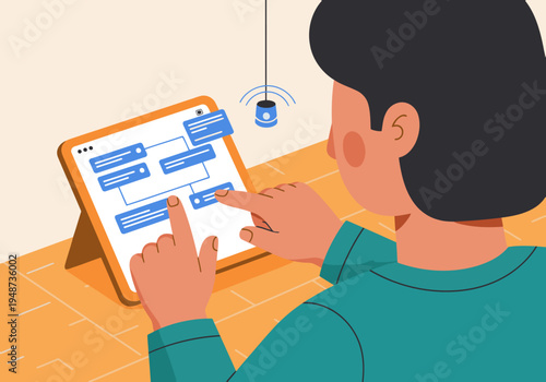 A young man analyzes smart garden sensor data on a tablet, showcasing a modern, connected gardening experience. Clean design, bright colors, and a focus on technology.