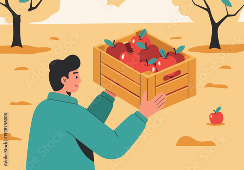 A man carries a crate of apples in an autumn orchard. Warm colors and a rustic feel create a visually appealing harvest scene.