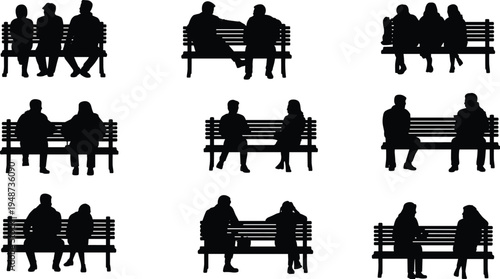 Park bench people silhouette illustration collection, social interaction design artwork, group communication posture concept set, outdo