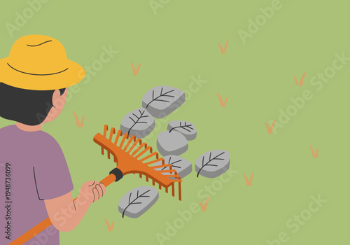 A young man rakes leaves in his yard with a garden rake. A cheerful scene of outdoor yard cleanup. Bright colors and clear composition.