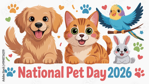 Cute dog cat and rabbit with parrot celebrating national pet day 2026 with colorful paw prints