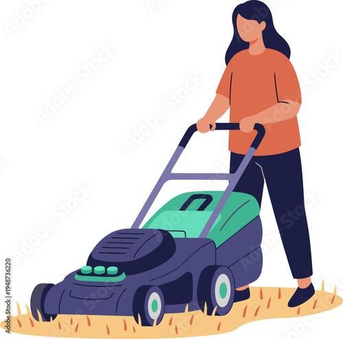 A woman operates a lawn mower outdoors. A vibrant illustration showcases garden equipment and a grassy backdrop. Clean, modern style.