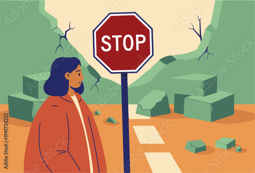 A woman pauses before a desolate landscape marked by a 'Stop War' sign. The scene evokes reflection and calls for peace. Dramatic, muted tones.