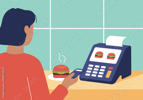A young woman pays for a burger at a food terminal. Bright colors and a clear composition create a modern, appealing scene for commercial use.
