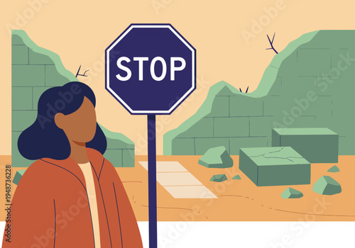A woman pauses before a crumbling wall with a stop sign, conveying a sense of urgency and conflict. Dramatic, stylized illustration.