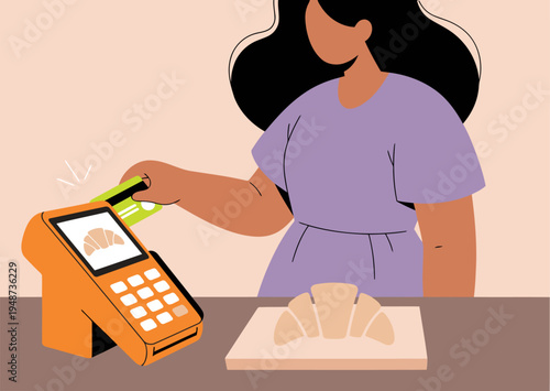 A woman pays with a card at a pastry shop terminal. A croissant sits beside the machine. Modern, pastel illustration style.