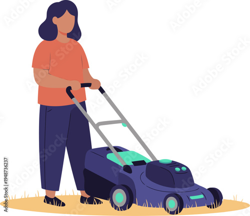 A woman operates a lawn mower outdoors. Clean, modern illustration style. Focus on gardening equipment and a vibrant lawn. Suitable for commercial use.