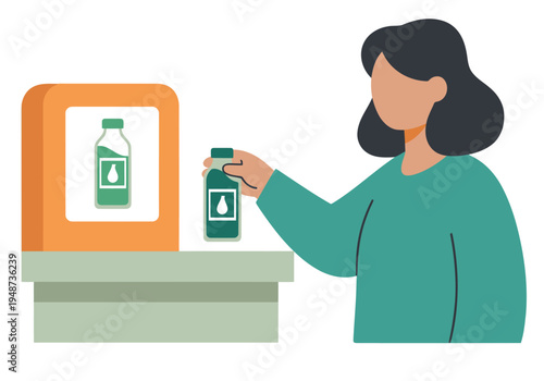 A woman pays for juice with a bottle at a payment terminal. Clean, modern illustration. Focus on the transaction and product.