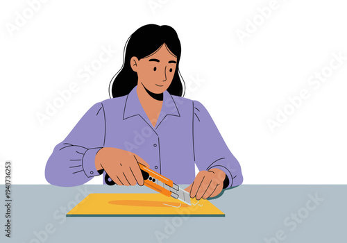 A professional woman carefully uses a utility knife to cut a sheet of material. Clean workspace, sharp tool safety, modern illustration.