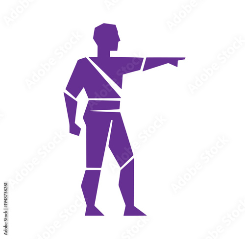 Purple silhouette of a man pointing to the right side  isolated on white background