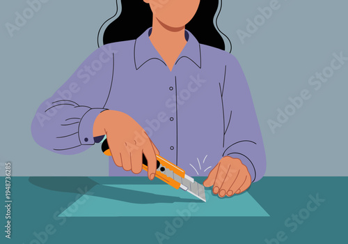 A professional woman safely uses a utility knife on cardboard. Clear demonstration of proper technique. Bright, modern illustration style.
