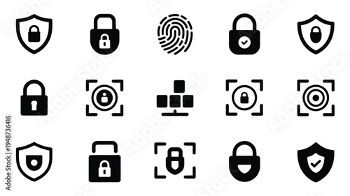 Cybersecurity icons bundle with lock shield and fingerprint symbols for data protection and privacy concepts