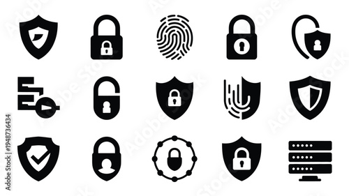 Cybersecurity icons set including shield lock fingerprint and server symbols for data protection and privacy concepts