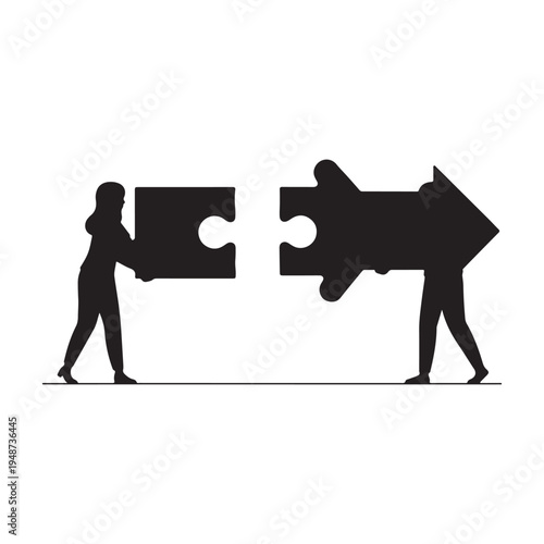 Two women put puzzle arrow togheter. Vector illustration on white back ground