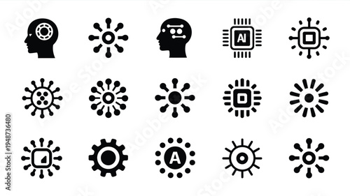 Artificial intelligence icons bundle black silhouettes of human heads with gears and cogs on white background for technology and innovation concepts