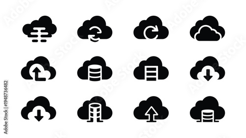 Cloud computing icons set data storage and management symbols black and white vector illustration