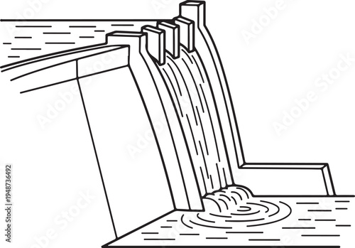 Hydroelectric power plant dam sketch with water flow representing renewable energy production and industrial infrastructure
