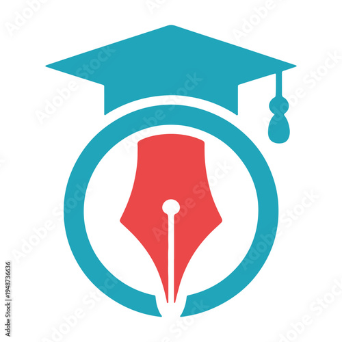 A minimalist graphic design featuring a graduation cap and a fountain pen nib for education icon