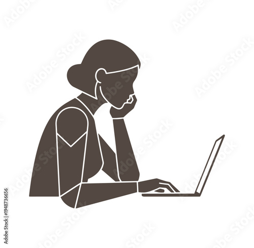 woman sitting at desk using laptop computer thinking deeply  focused on screen