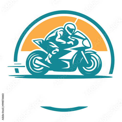 Stylized graphic illustration of a motorcycle rider speeding across a vibrant sunset background