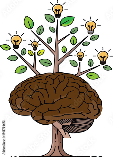 Minimal Vector Human Brain Tree with Branches and Leaves – Knowledge and Creativity Concept