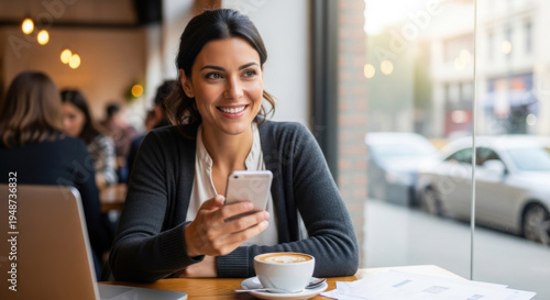 A smiling woman sitting in a cafe and using her smartphone while enjoying a cup of coffee