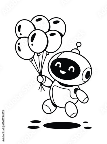 Robot Character Holding Balloons Vector Illustration