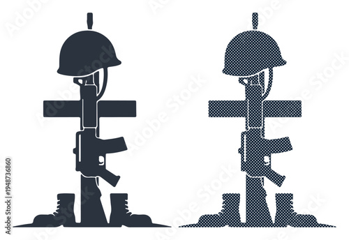 Symbol of fallen soldier with helmet, rifle, and boots honoring sacrifice and remembrance