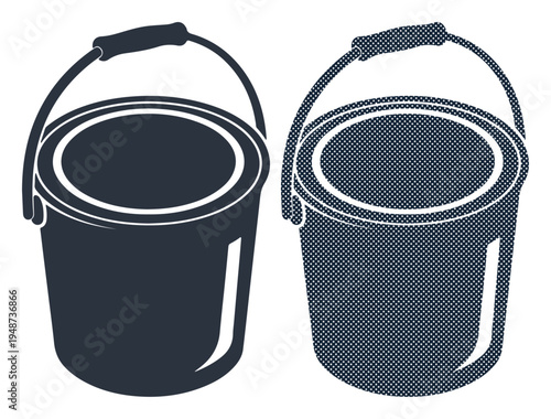 Two simple buckets with handles, one dark and one light textured, on a white background.