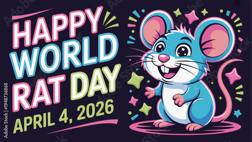 Colorful cartoon rat celebrating happy world rat day on april 4 2026 with vibrant stars