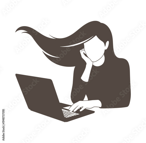 woman with long hair using laptop and talking on phone isolated on white background