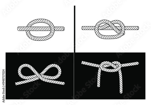 Four Different Rope Knots Illustrated on Black and White Backgrounds