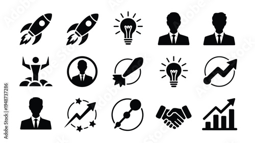 Startup business icons bundle with silhouette people growth charts lightbulbs and rockets on white background