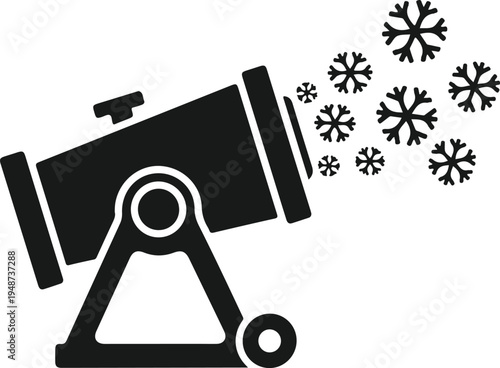 Snow cannon icon spraying snowflakes for winter sports and ski resort artificial snowmaking activities in black silhouette