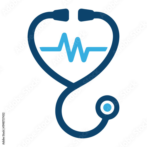 A minimalist medical stethoscope icon featuring a heart rate pulse line centered in the middle