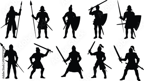 Medieval warrior silhouette illustration collection, historical combat fighter artwork, sword shield spear battle concept set, ancient soldier scene vector, cad drawing flat vector illustration