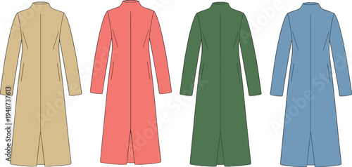 Long coat fashion silhouette illustration, stylish outerwear apparel design, colorful clothing artwork concept, modern wardrobe garment scene vector, cad drawing flat vector illustration