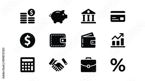 Minimalist financial icons set including money banking and business symbols on white background