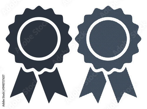 Two dark blue rosettes with ribbons, symbolizing achievement and recognition