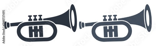 Two dark blue trumpets side by side on a white background